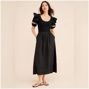 Cleobella Selma Midi Dress Black Puff Sleeve Boho Cottagecore Size Large NWT